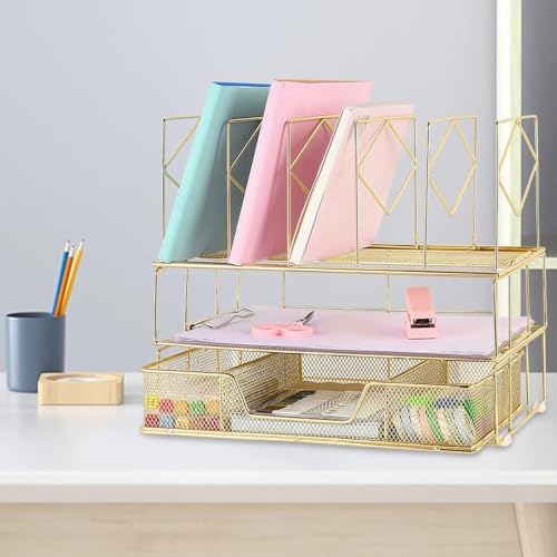 Desk Organizers and Accessories, 2-Tier Desk Organizer with Drawer, Gold