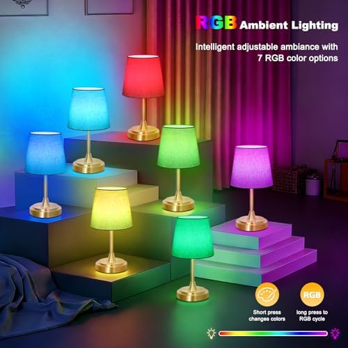 Wowag Small Cordless Table Lamp Rechargeable,5000mAh Battery Operated Desk Lamp,3 Colors & 7 RGB Stepless Dimmable,Touch Ambient Light for Bedside,Bedroom,Dining Room,Living Room,Gold,FlaxenShade