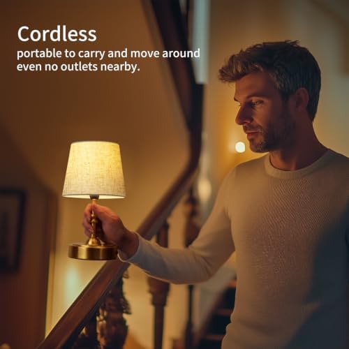 ONEWISH Small Cordless Lamp, Battery Operated Table lamp Dimmable, 4000mAh Rechargeable, Touch Bedside Lamp with Beige Linen Fabric Shade, 2700K Bulb Included, for Dining, Patio, Bathroom(Gold)