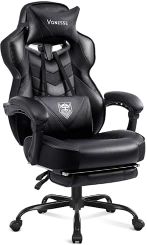 Vonesse Gaming Chair, High Back Office Chair with Footrest and Massage, Gaming Chairs for Adults with Pocket Spring Cushion, Big and Tall Reclining Computer Chair with Lumbar Support (Classic Black)
