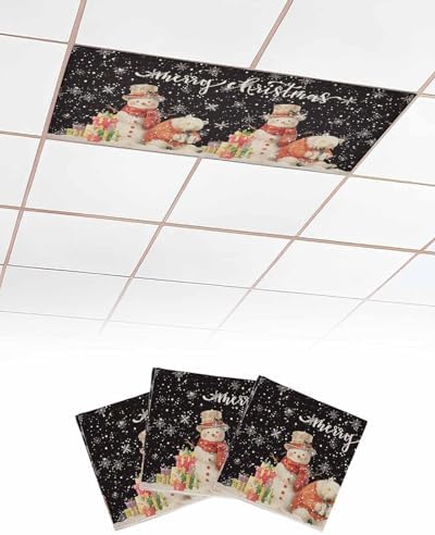 Black Christmas Magnetic Fluorescent Light Covers for Ceiling Lights 2 x 4 Feet,Vintage Snowflakes Snowman Bear Farmhouse Office Classroom Kitchen Drop Ceiling Light Covers Filters Shade Panel 3 Packs