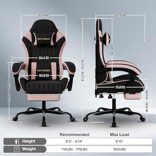 Breathable Fabric Gaming Chair with Footrest, Ergonomic High Back Computer Chair with Gold Diamond Stitching, Height Adjustable Swivel Office Chair with Lumbar Support for Adults,Blackpink