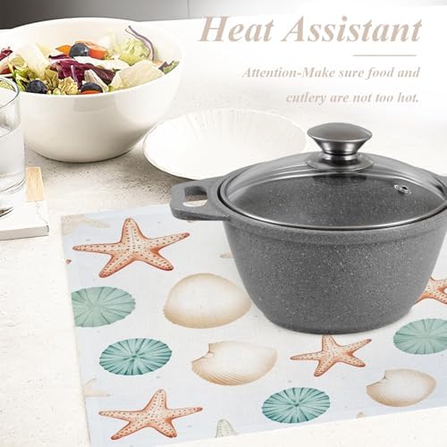 Shrahala Sea Creatures Set of 8 12 X 18 Inch Linen Placemats, Seaside Pattern Burlap Table Mat Washable Double Layered Heat Insulation for Indoor/Outdoor