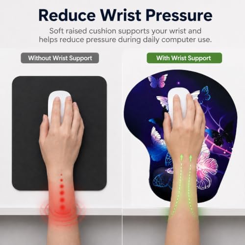 Mouse Pad with Wrist Support, Ergonomic Mouse Pads with Memory Foam Wrist Rest, Easy Typing Pain Relief, Comfortable Home Office Computer Wrist Support Pads for Working Studying Gaming, Butterfly