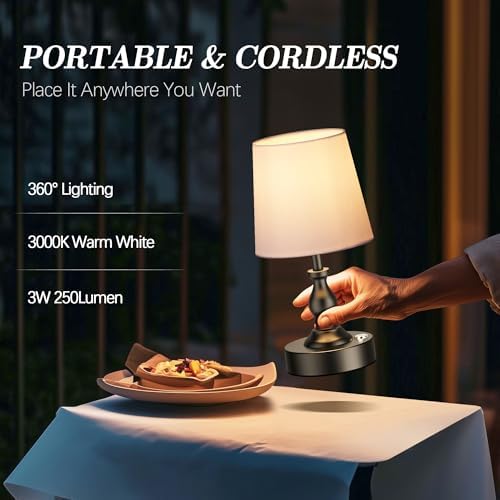 PARTPHONER Mini Cordless LED Table Lamp, 5200mAh Rechargeable Battery Operated Lamp, 3-Level Brightness, Touch Dimmable Desk Lamp, Bedside Night Light for Patio Camping Restaurant Home, Matte Black