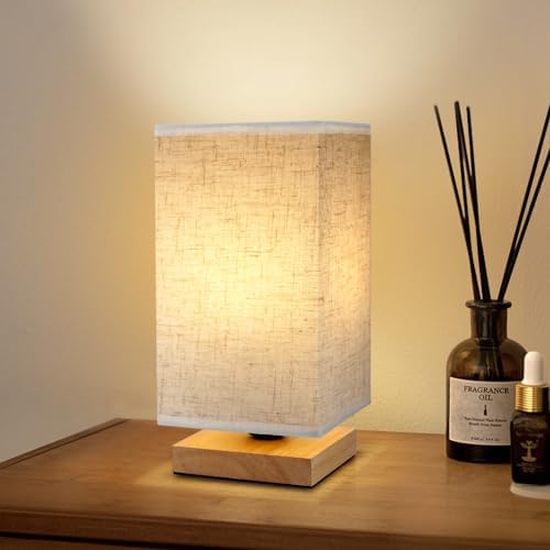Small Square Bedside Table Lamp for Bedroom, Minimalist Wood Base & Round Fabric Shade, Mini Cute Cozy Warm Nightstand Boho Lamp, Study Desk Night Stand Light for Room, Dorm, Nursery, Living Room