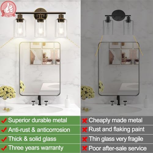 Zarbitta 3-Light Bathroom Light Fixtures, Brown and Gold Bathroom Wall Lights, Modern Vanity Light with Clear Glass Shade, Bathroom Wall Lamp for Mirror Hallway Cabinet