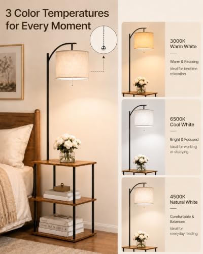 GERGO Floor Lamp with Table, Side Table for Living Room, 3 CCT 9W LED Bulb