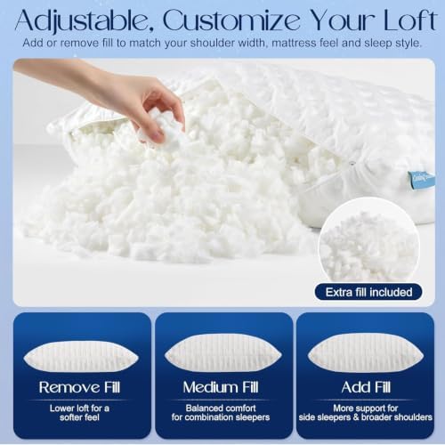 Side Sleeper Pillows for Neck & Shoulder Comfort - Ergonomic Curved Crescent Design, Adjustable Shredded Memory Foam, Cooling & Soft Cover, Extra Fill Included, King Size Pillows Set of 2