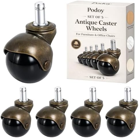 2 Inch Brass Caster Wheels, 5 Pack Antique Ball Casters, 7/16" × 7/8" Stem