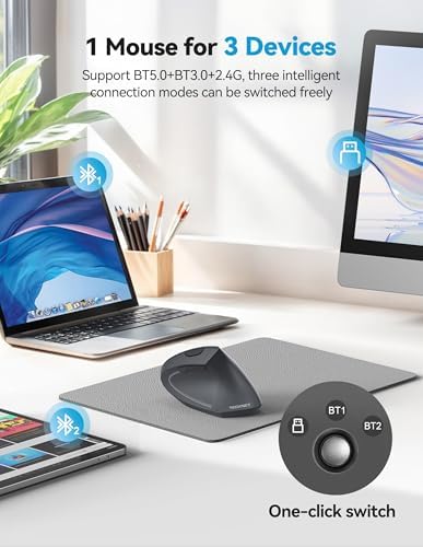 TECKNET Ergonomic Mouse, Rechargeable 2.4G+Bluetooth Vertical Mice 6 DPI Adjustable, Wireless Optical Carpal Tunnel Mouse Right Hand, Multi Device for Laptop, PC, Computer, MacBook, iPad - Grey