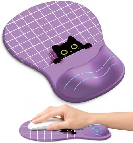 Ergonomic Mouse Pad with Wrist Rest, Gel Wrist Support, Purple Cat