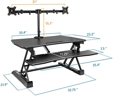 Mount-It! Electric Standing Desk Converter with Dual Monitor Arms for 2 Screens (Max 32"), Large 35.4" Wide Desktop, Motorized Stand Up Desk Riser, Keyboard Tray, USB, Black Stand up Desk Convertor