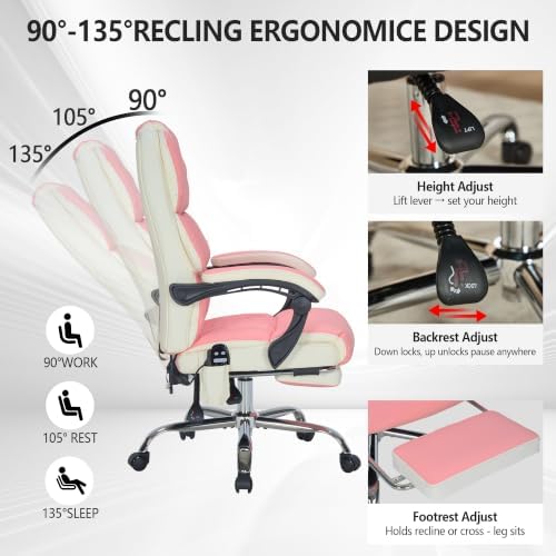 Massage Office Chair with Heat & Footrest,Heated Comfy Reclining Desk Chair with Vibration,Executive Big and Tall Chairs for Heavy People,Adjustable Height Black Pink-White