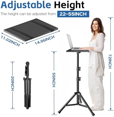 Projector Stand, 33LB Load Bearing & 22-55" Height Adjustable, for Projector/Laptop/DJ Gear, Outdoor/Office/Studio - Stable Base (Black)