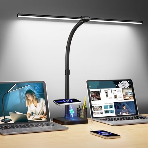 ShineTech LED Desk Lamp, 24W Double Head Desk Light with Wireless Charging