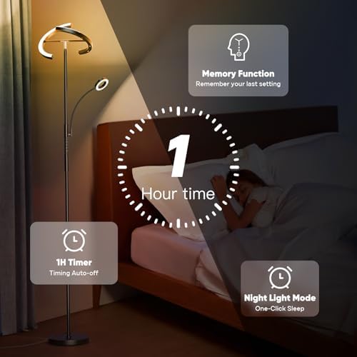SIBRILLE Upgraded RGBCW Floor Lamp with Reading Lamp, Rotatable Remote Control LED Standing Lamp Dimmable Floor Light Modern Standing Light for Living Room Bedroom Home Office, 36W, Black