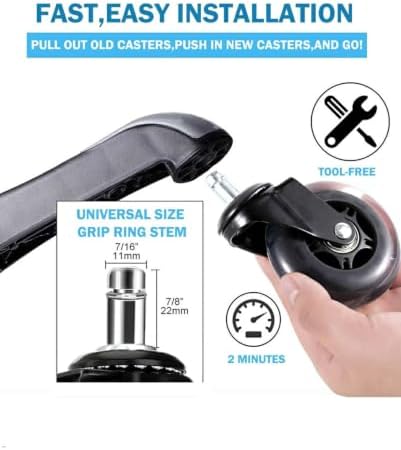 Office Chair Wheels 3 inches Heavy Duty Soft PU Rubber Safe for Hardwood Carpet Tile Floors (Set of 5) Generally Applicable to Office Wheels, Replace Chair mats - Universal fit (Black & Clear 3inch)