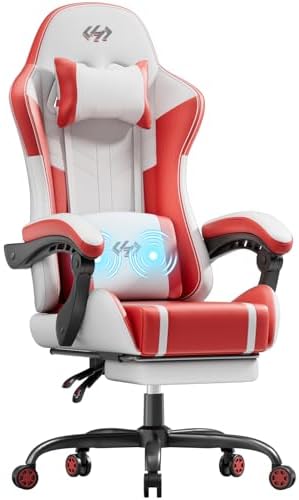 HLDIRECT High Back Gaming Chair, USB Massage Lumbar Support, White&Red