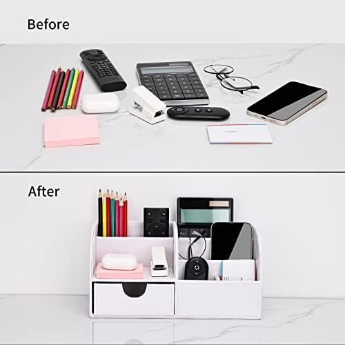 KINGFOM Pu Leather Desk Organizer Pen Pencil Holder Office Supplies Caddy Storage Box 6 Compartments with Drawer White (Full Pu Leather)