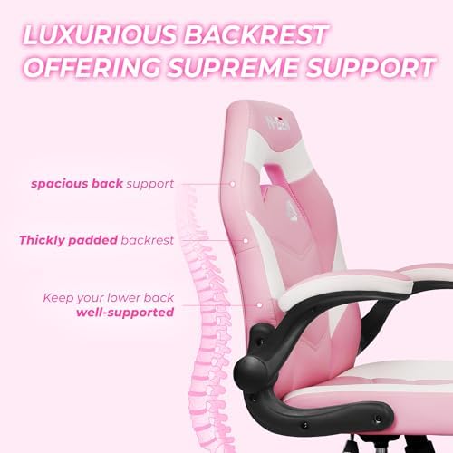 N-GEN GAMING Video Gaming Chair Ergonomic Office Desk Chair with Lumbar Support Adjustable Height Padded Flip Up Arms and Swivel Wheels Racing Style Design for Adults with PU Leather (Pink)