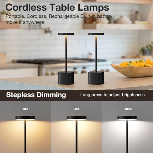 Cordless Rechargeable Table Lamp, 4000mAh Battery Operated, Black, 2 Pack