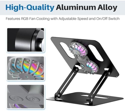 YICOSUN Adjustable Laptop Cooling Stand with 2 Quiet Fans & RGB Lighting, Aluminum Alloy & Foldable Ergonomic Design for MacBook, Lenovo, ASUS, Dell 10-16 Inch, Perfect for Gaming, DJ, Office - Black