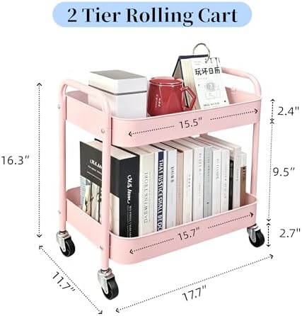 2 Tier Pink Rolling Cart with Wheels for Under Desk Storage, Large Capacity Rolling Pantry & Kitchen Storage Cart for Small Space, Sturdy Metal Bathroom Shelf Laundry Room Organization