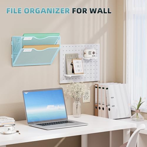 Marbrasse Wall File Holder 2-Tier Hanging Wall File Organizer, Mesh Mail Holder for Papers, Wall Mount File Clipboard & Magazine Organizer Great for Office Home (Blue)