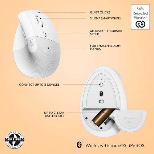Logitech Lift for Mac Wireless Vertical Ergonomic Mouse, Bluetooth, Quiet Clicks, Silent Smartwheel, 4 Customizable Buttons, for macOS/iPadOS/MacBook Pro/Macbook Air/iMac/iPad - Off White (Renewed)