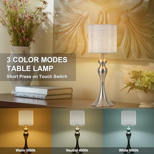 Cordless Table Lamp Rechargeable, Battery Fabric Bedside Touch Light Nickel