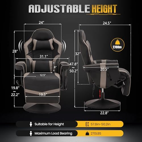 Massage Gaming Recliner Chair with Cup Holder & Side Pockets – Ergonomic PU Leather Video Gaming Chair with Footrest, Manual Recline, Headrest & Lumbar Support for Office or Game Room (Grey)