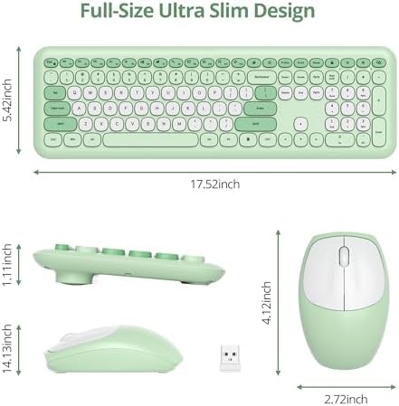 surmen Green Keyboard and Mouse Wireless, Cute Wireless Typewriter Keyboard, Full Size Slim Silent Round Keys Aesthetic for Home and Office(Colorful Green)