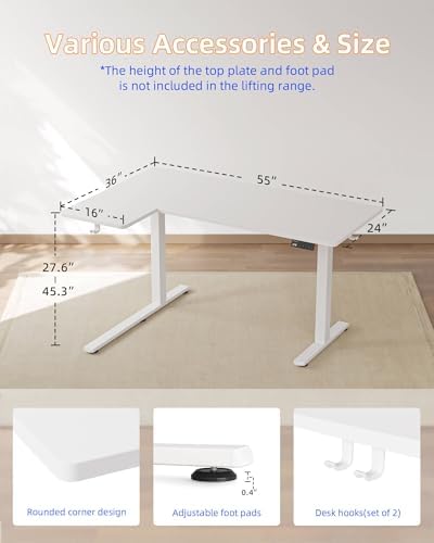 YIHAYO Reversiable L-Shaped Electric Standing Desk, 55 Inches Adjustable Height Corner Desk, Sit and Stand Up for Work Office Home, Computer Table with Splice Board, White