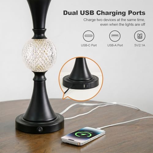 Oneach 28.5" Black Table Lamps Set of 2, Tall Luxury Bedside Lamps with Night Light, USB A+C Charging Ports, Elegant Metal Nightstand Lamps for Bedroom Office End Table Decoration