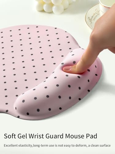 Seorsok Cute Black Polka Dot Mouse Pad with Gel Wrist Support Mouse Pad,Ergonomic Aesthetic,Comfortable Mousepad for Office Game Work Computer,Pain Relief Mousepad with Non-Slip Silicone Base,Pink