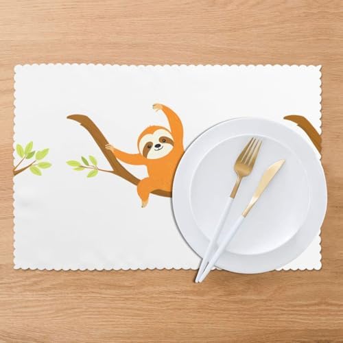 6pc Heat Resistant Placemats - Thick & Durable Polyester Dining Table Mats for Home, Hotel, Banquet | Washable Sloth Stretching Prints
