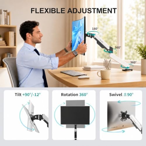 MT-VIKI Single Monitor Arm for 17"-32" Monitors, Gas Spring Adjustable Desk Mount, Quick Release VESA Plate, Full Motion with Cable Management, Clamp & Grommet Base, Supports 4.4–19.8 lbs, White