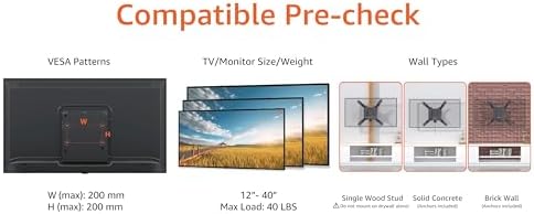 Amazon Basics Fixed Flat TV Wall Mount, Low Profile, for 12" to 40" TVs, VESA 200x200, 40 lbs Capacity, with Installation Template, Black