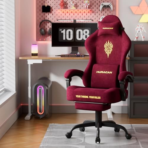 Ferghana Velvet Fabric Gaming Chair - 20.5″ Wider Seat Cushion, Fire Embroidery, Ergonomic High Back Game Chair with Footrest | Computer Chair with Massage Lumbar Support for Adult, Red