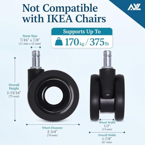 AXL Hubless Office Chair Wheels, 2.8 Inch Rubber Caster Replacement, Modern Silent Rolling Desk Chair Casters for Hardwood Floors & Carpet, Smooth Glide Universal Fit 11x 22mm, Set of 5 (Black)