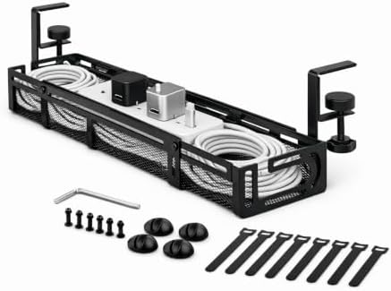 Expandable Under Desk Cable Management Tray, Expandable 15.7”–27.6”, No Drill Metal Cable Organizer with Clamp Mount for Standing Desk, Office & Home Desk (Black
