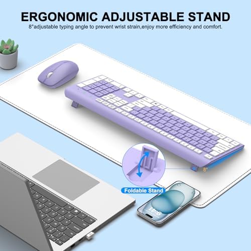 Wireless Keyboard and Mouse Combo, Full Size Silent Ergonomic Keyboard and Mouse, Long Battery Life, Optical Mouse, 2.4G Lag-Free Cordless Mice Keyboard for Computer, Mac, Laptop, PC, Windows(Purple)