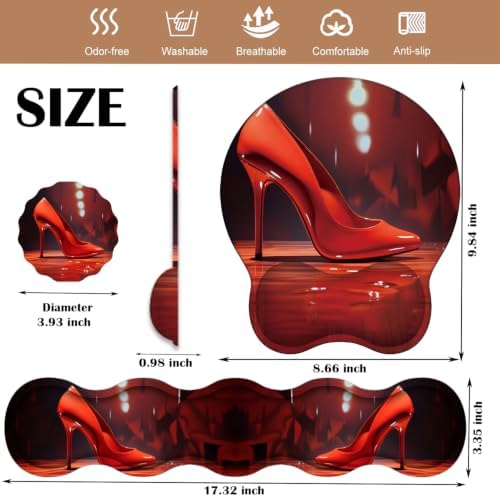 Ergonomic Keyboard Wrist Rest & Mouse Wrist Support Set with Lace Coaster, Gel Memory Foam Anti-Slip Base, Pain Relief for Typing, Red High Heels
