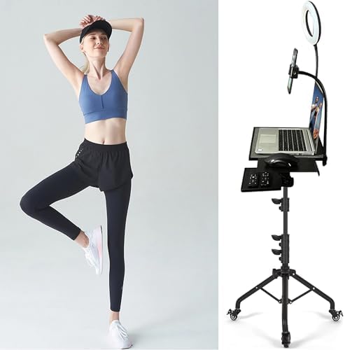 Projector Tripod Stand with Wheels Laptop Tripod Stand Projector Tripod Laptop Stand Floor Stand Live Stream stand Treadmill Stand Music Stand with 6" LED Ring Light for Online Meeting Recording