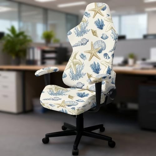 Starfish Seashell Coral Print Gaming Chair Cover with Armrest Covers Stretch Anti Dust Furniture Protector Washable Anti Slip Computer Chair Slipcover