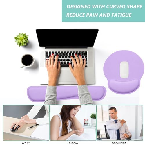 Keyboard Wrist Rest Pad Mouse Pad with Wrist Support Set of 3, Mousepad with Non-Slip Rubber Base, Ergonomic Memory Foam Mouse Wrist Cushion Support for Home Office Laptop Computer Gaming, Purple