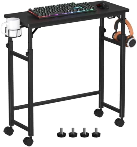 Snughome Mobile Keyboard Tray with Wire Cup Holder & 2 Storage Hooks, Height Adjustable 27.5"–44.4", Rolling Standing Desk Keyboard Platform with Lockable Casters for Home Office, Black