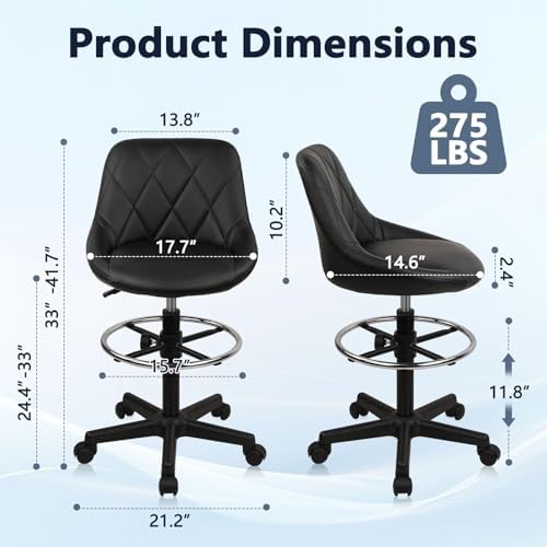 KLASIKA Drafting Chair with Back, Leather Rolling Swivel Stool with Adjustable Height and Footrest, Ergonomic Tall Standing Desk Office Chairs with Wheels for Home Work Shop Kitchen Bar, 1PK