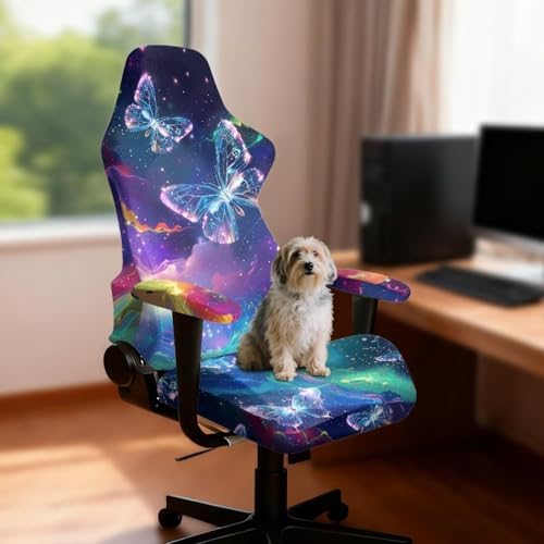 Gaming Chair Seat Cover Butterfly Galaxy Game Chair Slipcovers with 2 Armrest Covers, Scratch-Proof 4 PCS Gamer Desk Chair Covers